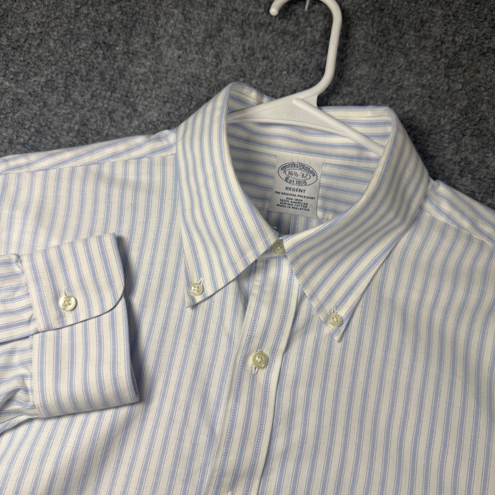 Brooks Brothers Regent Dress Shirt 16.5x32 Non-Iron Blue White Striped Supima